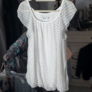 LUISA Ricci White semi sheer Blue dot Balloon Hem Flutter Sleeve Blouse Sz L